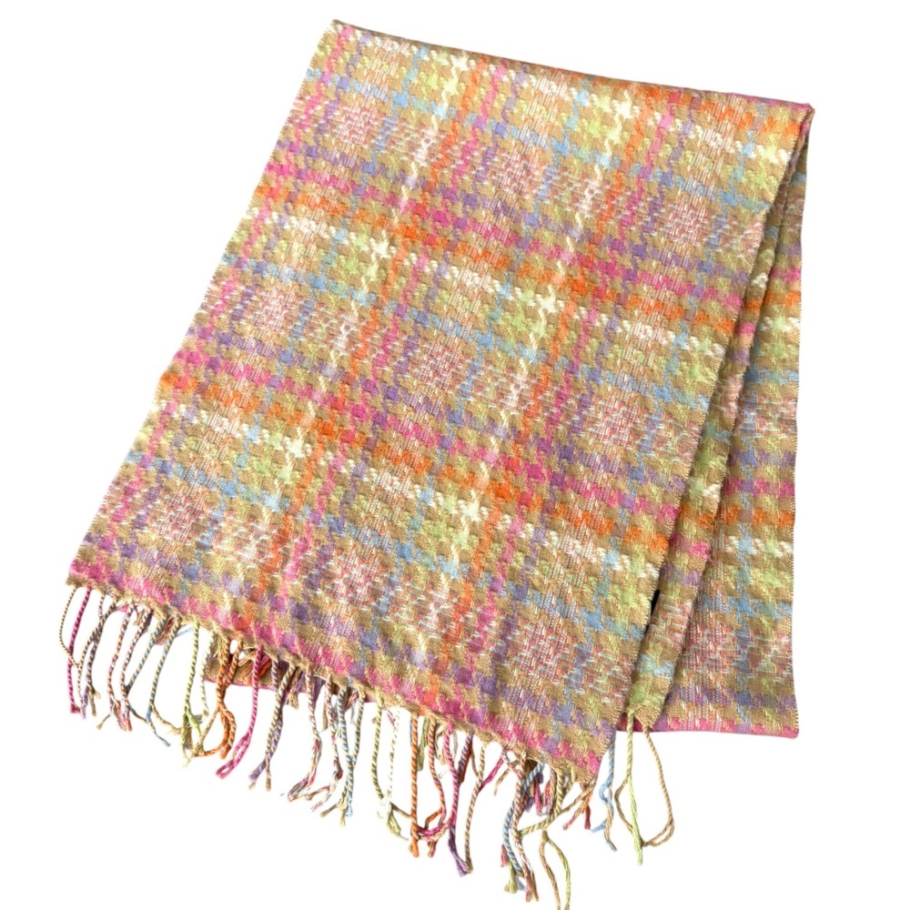 Preppy Light Academia 100% Cashmere Scarf Made in Scotland Houndstooth Multi